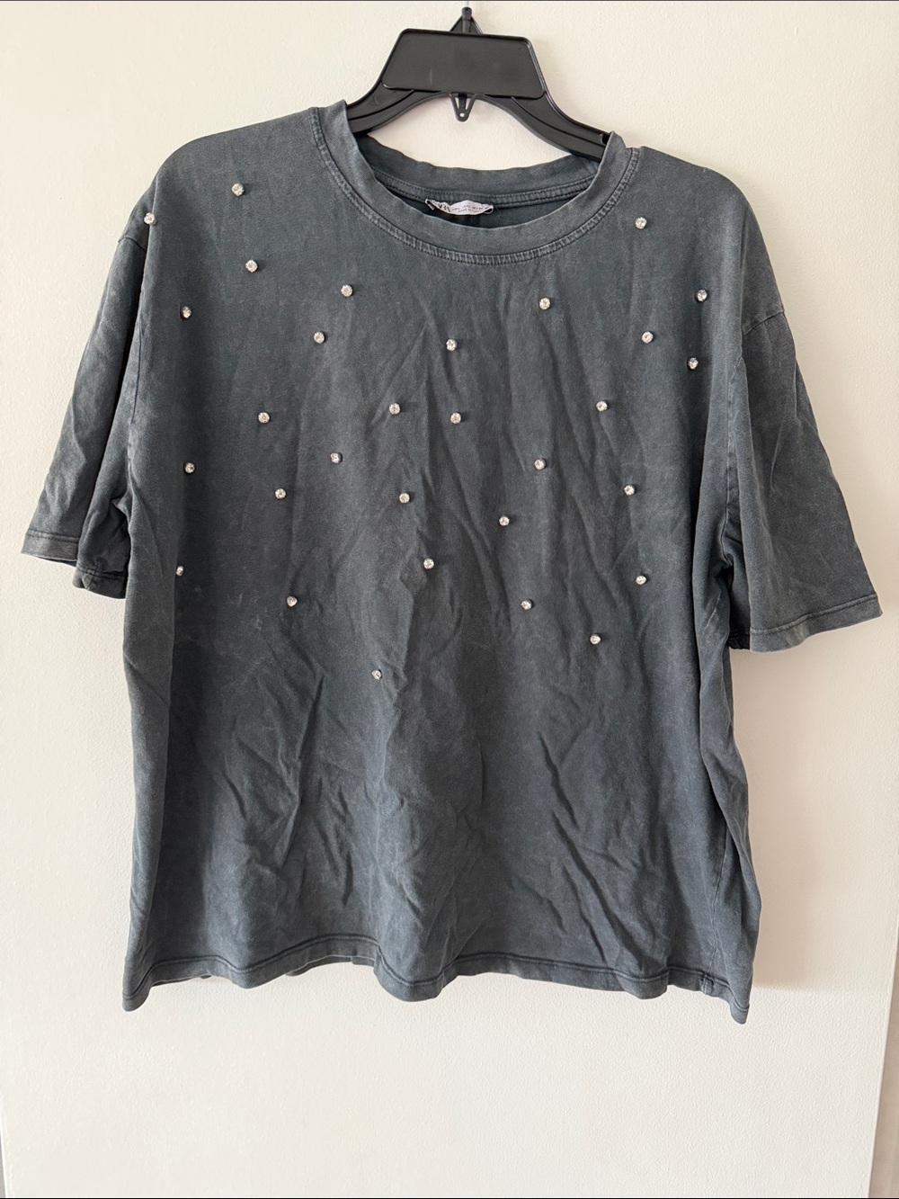 ZARA Rhinestone Embellished Acid Wash Bling Tee Grey L Oversized Studded Cotton